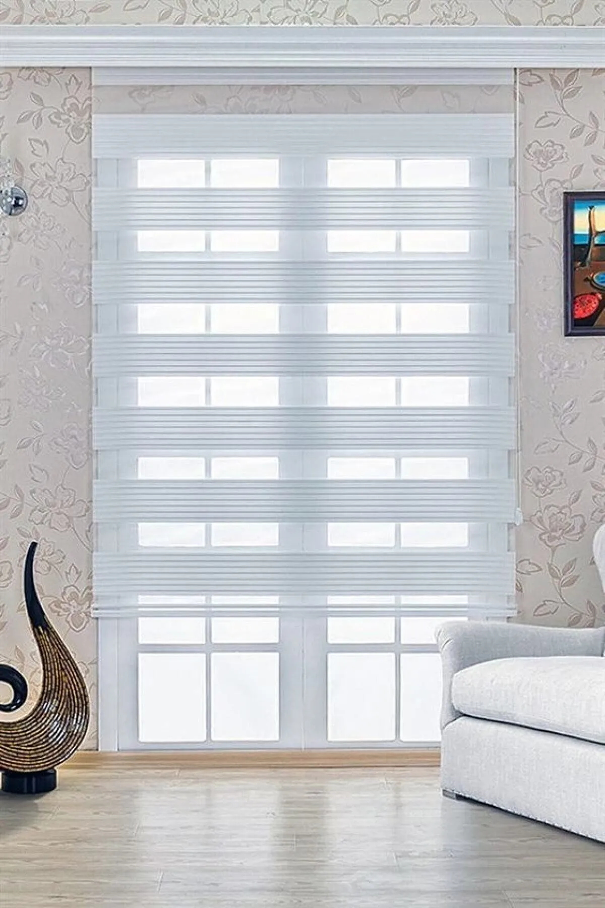 Beyaz İthal Geniş Pliseli Bambu Zebra Stor Perde